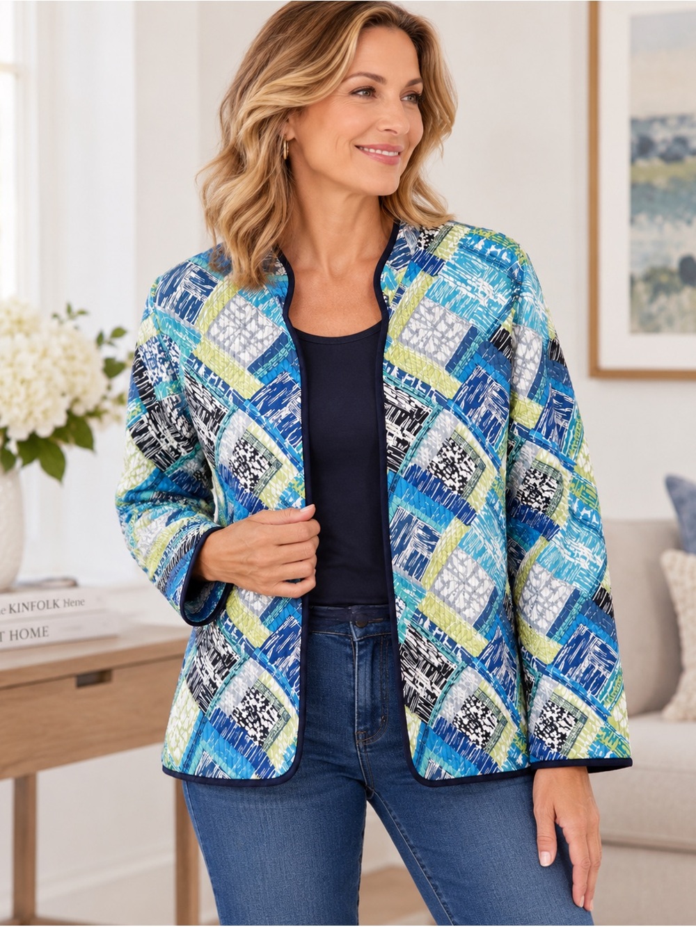 Alfred Dunner Size 16 Quilted Geometric Open Front Jacket Blue Teal